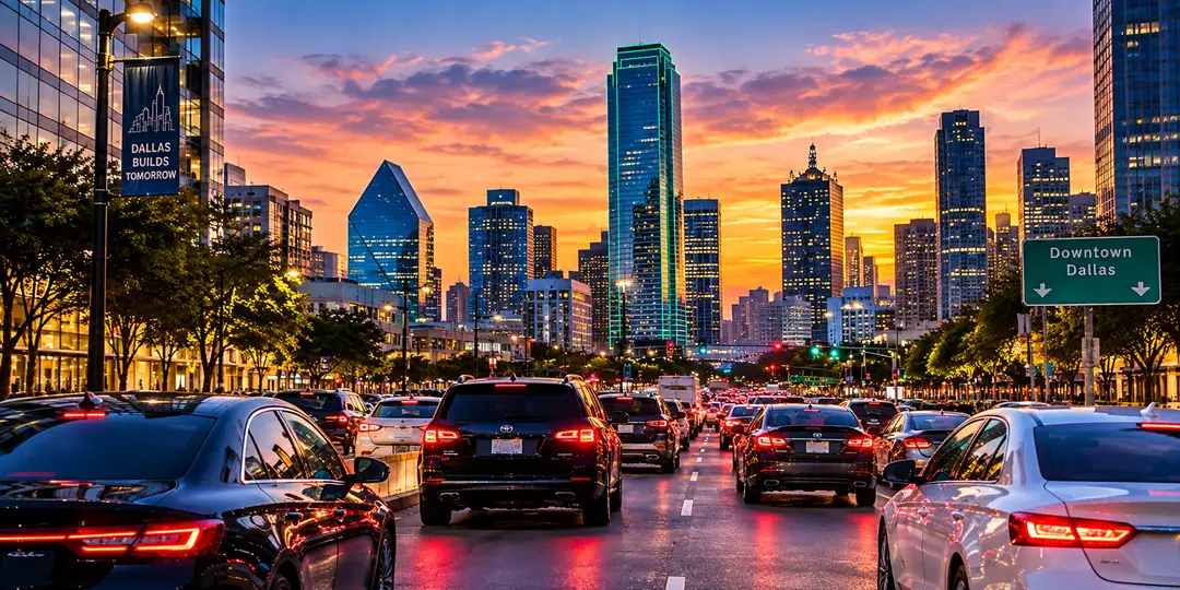 Evening traffic in downtown Dallas at sunset